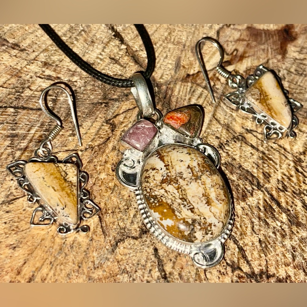 Picture Jasper & Rhodonite Pendant & Earrings Set